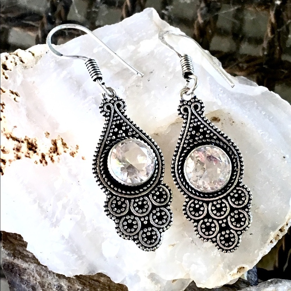 White topaz boho filigree earrings